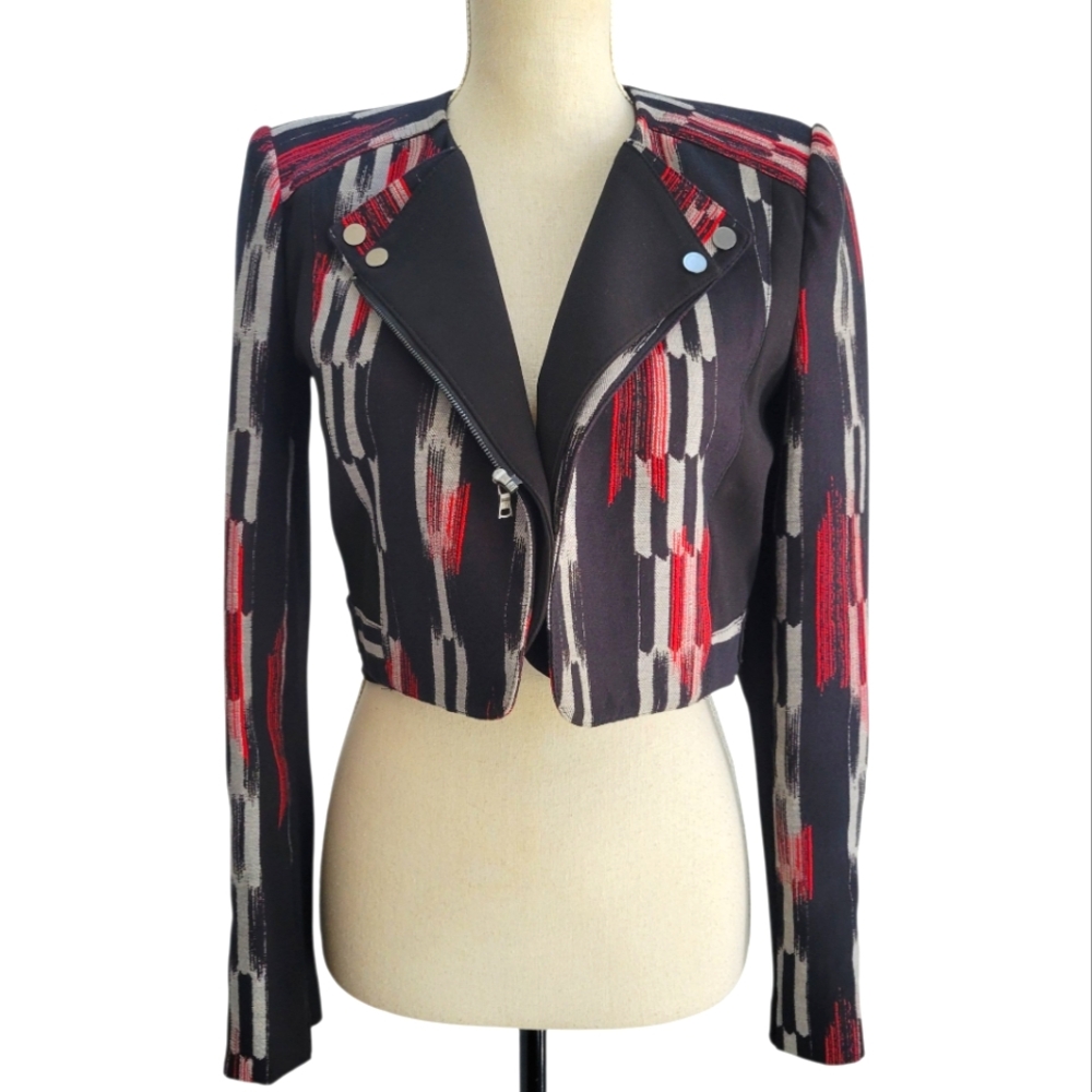 BCBG‎ MaxAzria Nathan Cropped Moto Jacket XS Abstract Print Bold Statement